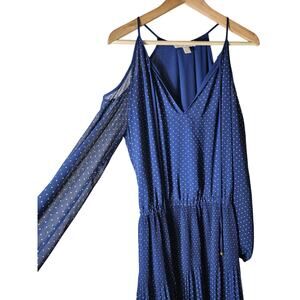 MICHAEL KORS Blue White Polka Dot Cold Shoulder Pleated Bottom Ties Dress SZ XS